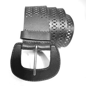 Chicos Dark Brown Laser Cut Faux Leather Wide Fashion Belt Buckle 2" wide Large